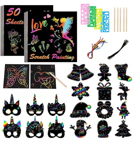 Lot d'images à gratter pour animaux marins-12 Modèles de Noël, 6 Masques Licorne, 50 Feuilles de Dessin, 4 Gabarits et 5 Stylets en Bois avec 18 Rubans Colorés pour Activités Créatives Adaptées