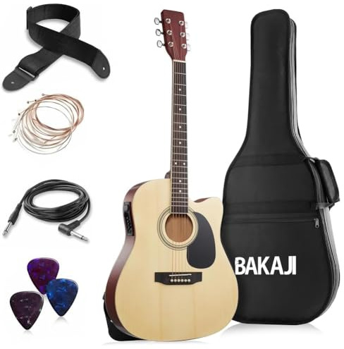 BAKAJI Elektro-Akustikgitarre 41 Zoll mit Tasche, Ersatz-Saiten, Plektren, Kabel für Verstärker und Schultergurt, Folk-Gitarre Cutaway-Form für Erwachsene und Anfänger (Natur)