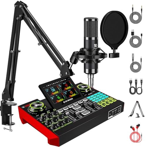 Podcast Equipment Bundle with 3.5mm Condenser Boom Mic for Pc/Phone Live Streaming Singing Gaming Music Recording, Live Sound Card Audio Mixer, Sound Board with Voice Changer, Denoise