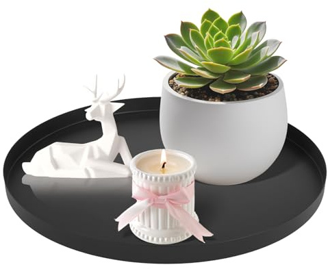 Bandeja Decorativa Redonda YYTECH, Bandeja metálica de 30 cm, Negra, Bandeja Decorativa, Plato Decorativo Redondo Redonda para Sala de Estar, baño, Joyas, cosméticos, jarrones