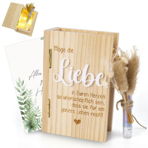 YYSWSAKY Geldgeschenk Hochzeit Holz Geldgeschenk - Hochzeitsgeschenk Holzbox in Buchform Kreatives Geschenk, Brautpaar Hochzeit Erinnerungsbox-Set mit Reagenzglaslichterketten Trockenblumen Grußkarten