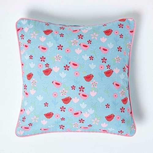 Homescapes Baumwoll-Kissenhülle mit Vogel- und Blumen-Muster, Zierkissenbezug 45 x 45 cm, dekorativer Kissenbezug für Zierkissen/Sofakissen mit Reißverschluss, blau-rosa-rot