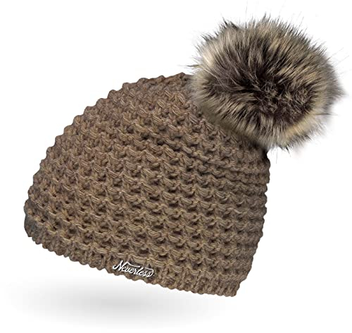 Neverless Damen Strickmütze mit Fell-Bommel und Fleece gefüttert, Kunstfell, Winter-Mütze, Bommelmütze, dunkel-beige Unisize