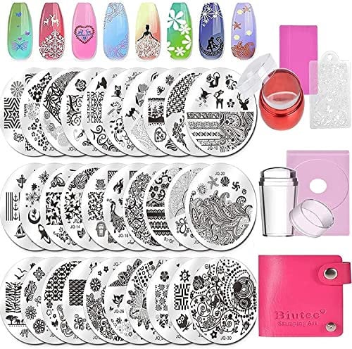 Biutee Nail Stamp Kit with Stamper and Scraper,30 PCS Round Nail Stamp Plates Kit,Geometric Patterns Nail Template for Nail Salon Designs Nail Image Stamp Plates Manicure Templates Nail Art Tools