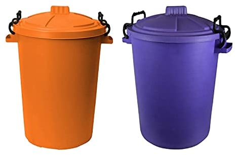 M1SS (Set of 2) 50 Litre Orange and Purple Heavy Duty Plastic Clip Lock Lid Bin Indoor or Outdoor Rubbish, Waste or Storage of Animal Feed. (Orange + Purple)