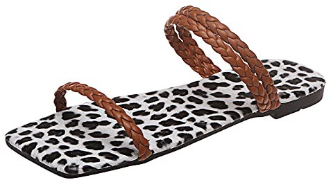 MENICY Sandalias planas para mujer, con cuerda trenzada y estampado de leopardo, zapatos planos para mujer, punta cuadrada, marrón, 38 EU