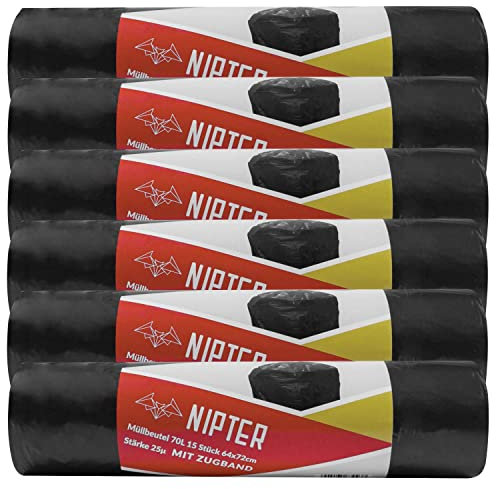 Nipter sac poubelle avec cordon de serrage 70l, sacs poubelle écologique, 25 my, 64x72 cm, noir, 15 sacs poubelle par rouleau, 12 rouleaux