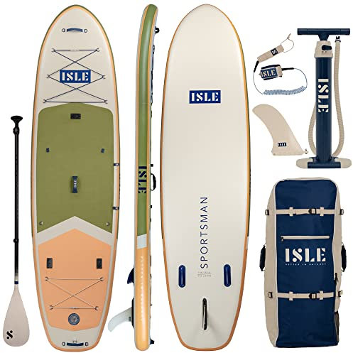 ISLE Sportsman Aufblasbares Stand Up Paddle Board, inkl. Sicherheitsleine, 3-Finnensystem, Rucksack, Pumpe, Paddel - Angel SUP - 350,52x91,4 x15cm - max. 12,25kg - California Design - Moosgrün/Gelb