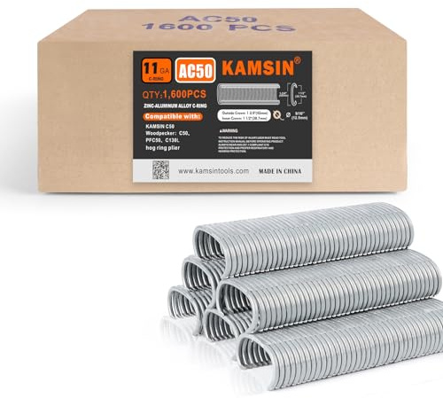 C50 11 Gauge Zinc-Aluminum Alloy Hog Rings Staples 1-1/2-Inch Crown, 13.5-14mm Diameter C Rings for Wire Cages, Fencing, Gabion