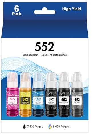 552 Pigment Ink Refill Ink Bottle for Epson 552 Ink Used for EcoTank Photo ET-8500, ET-8550 Printer (1 Photo Black, 1 Black, 1 Cyan, 1 Magenta, 1 Yellow, 1 Grey, 6-Pack)