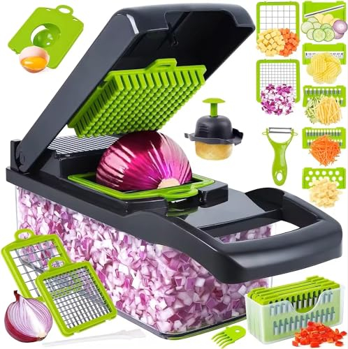 Happy Kitchen Hachoir à légumes 16 en 1 original de qualité supérieure, hachoir à oignons, mandoline, hachoir à légumes, hachoir à légumes, hachoir à salade, coupe-pommes de terre, trancheuse de