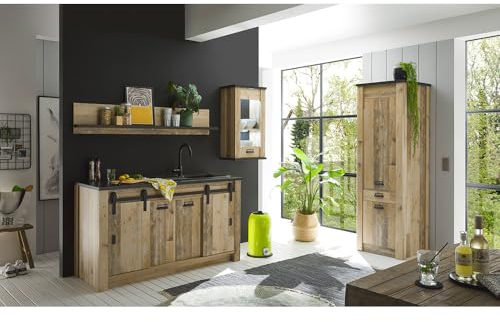 Lomadox Küchenmöbel Küchen komplett Set, Old Style hell Nb. mit anthrazit mit Stauraumschrank, Spülschank 161 cm, Wandregal 160cm, Hängeschrank mit Glaseinsatz
