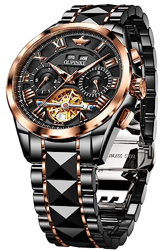 OUPINKE Herren-Armbanduhr, automatisch, Skelett, selbstaufziehend, wasserdicht, leuchtend, Wolfram, Goldfarben / Schwarz, Mechanische Skelett-Armbanduhr