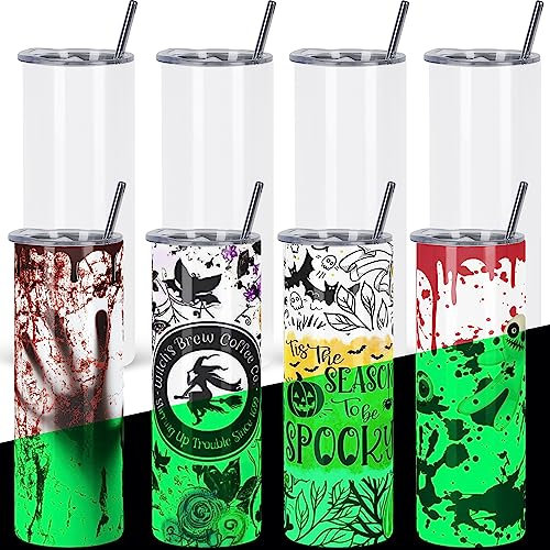 Tswofia 8 Pack Glow in the Dark Sublimation Tumblers 20 Oz Skinny Straight, Sublimation Blanks Tumbler Bulk Glow in the Dark, with Shrink Wrap Film Lid Straw Set, Individually Boxed