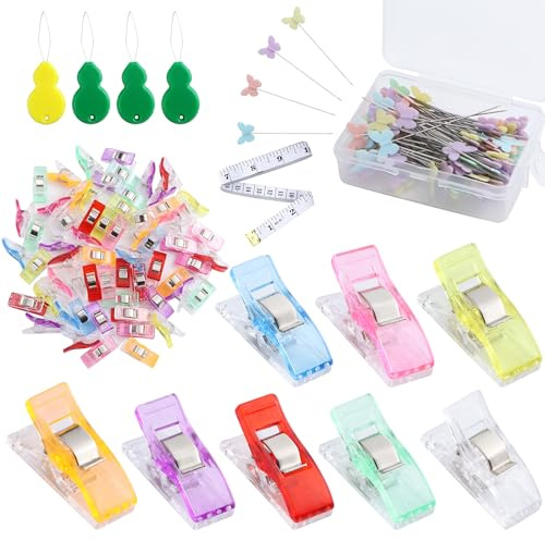 Nähklammern Stoffklammern Zum Nähen Nähen Zubehöre Nähen Clips | 60 Nähen Clips 100 Mehrfarbige Stecknadeln und 4 Nadeleinfädler Kunststoff für Nähen Quilting Clips Häkeln