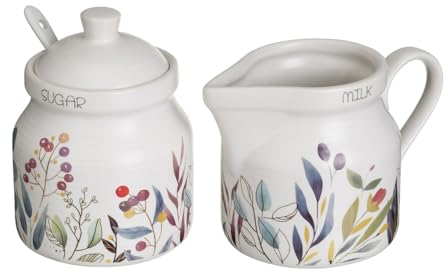 Juego de azucarero con tapa y jarra de cerámica stoneware blanco y azul de 250 ml