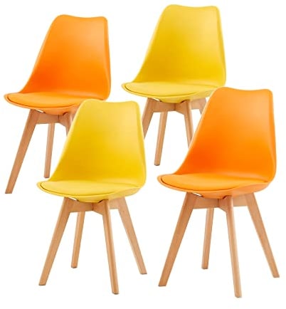 H.J WeDoo - Juego de 4 sillas escandinavas de comedor y cocina, diseño con cojines de cuero y patas de haya maciza, amarillo y naranja