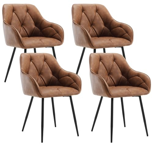 WOLTU Esszimmerstühle 4er Set, für Esszimmer Wohnzimmer, ergonomische Küchenstühle gepolstert mit Armlehnen, Metallbeinen, Sitzfläche aus Vintage-Kunstleder, Braun