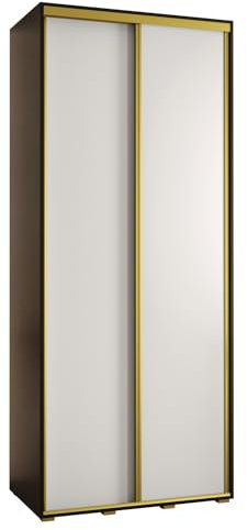 MEBLE KRYSPOL Davos 1 110 Schlafzimmerschrank mit Zwei Schiebetüren - Moderner Kleiderschrank mit Kleiderstange und Regalen - 235,2x110x45 cm - Schwarz Weiß Gold