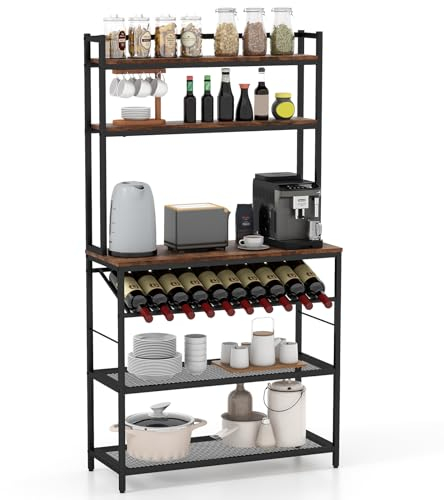 COSTWAY Kitchen Baker’s Rack, 6-Tier Microwave Oven Stand Organizer with Slanted Wine Bottle Holder, Open Shelves, Anti-Toppling Device & Adjustable Feet, Free Standing Utility Storage Shelf