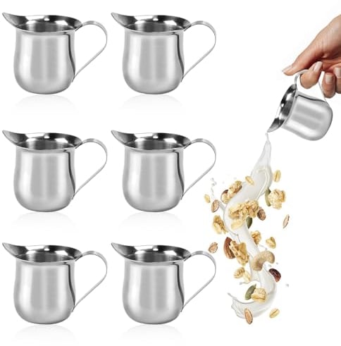 SIYINGSAERY 6 PCS Small Milk Jug 90ml/3oz Milk Creamer Pitcher Stainless Steel Syrup Server Mini Creamer Jugs Bell Creamers Serving Pitcher with Handle for Coffee Milk Creamer and Sauces