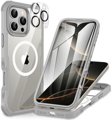 CENHUFO Compatible with iPhone 16 Pro Max Case Fits for Magsafe, Built-in Glass Screen Protector with Camera Lens Protector, 360 Full Body Protective Phone Case for iPhone 16 Pro Max 6.9 Inch -Gray