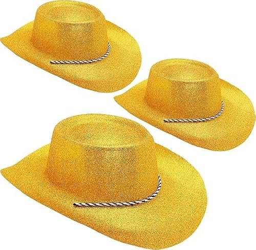 Toyland® Lot de 3 chapeaux de cowboy à paillettes dorées de 34 cm (13) - Festivals, concerts, déguisements et accessoires pour enterrement de vie de jeune fille - 10 couleurs disponibles