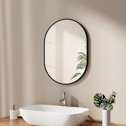 EMKE Badspiegel Oval 45 x 60 cm Spiegel mit Schwarzer Rahmen Wandspiegel Oval Horizontal/Vertikal Badezimmerspiegel Ovaler Spiegel Schwarz Dekorativer HD Wandspiegel für Badezimmer, Flur
