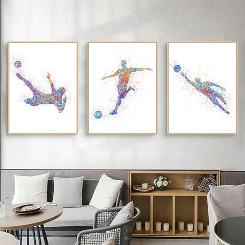 Herfair 3 Stück Moderne Bunt Fußball Poster Set, Schwarz und Weiß Kunstdruck Bilder, Kinderzimmer Wohnzimmer Wandbilder Wanddeko für Teenager Jungen, Ohne Rahmen (Bunt Fußball,50x70cm)