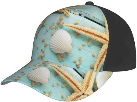 ESASAM Sea Star Shell Blue Wood On Beach Scenery Curved Brim Baseball Cap - Printed Design - Lightweight and Breathable Sports Cap Adjustable Cap Outdoor Cap Summer Cap Casual Cap Unisex Cap, Schwarz