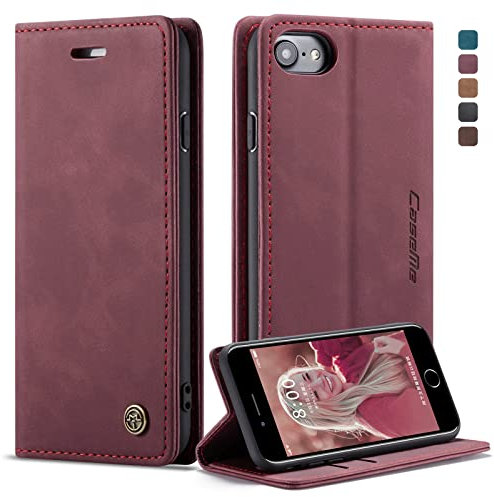 owlhold Handyhülle für iPhone SE 2022/SE 2020/iPhone 8/7 Hülle, Premium Lederhülle Weiches Vintage-Nubukleder Faltbare Ständer Klapphülle Kartenfach Standfunktion stoßfest Schutzhülle -Weinrot