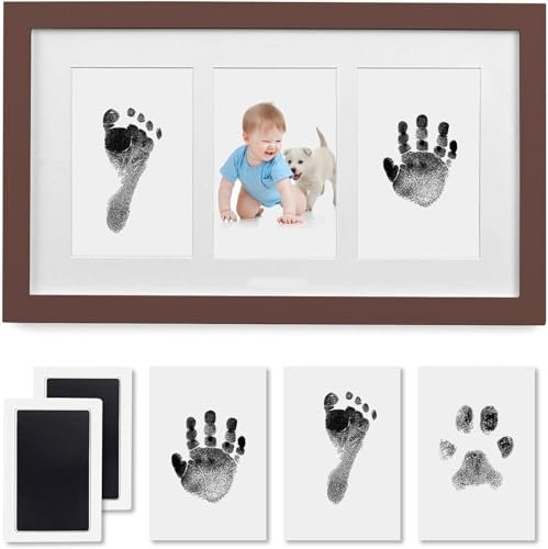 PewinGo Fußabdruck Baby Set,Handabdruck Baby Set mit 2 Tintenlos Fußabdruck Stempelkissen Baby und Elegant Hölzern Baby Bilderrahmen-Sinnvolle Baby Geschenke zur Neugeboren, Babyparty-Wlunt