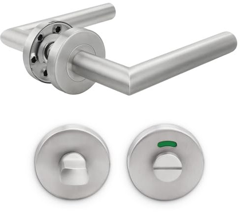 Probrico Brushed Nickel Door Levers On Rose Liberty Door Handle Set,Bathroom Door Handle Set with Round T-Bar Internal Door Handles and Bathroom Lock Thumb Turn & Release Set 1 Pack,No Latch Included