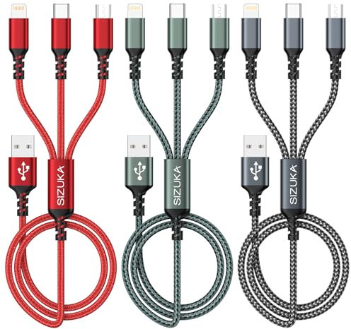 SIZUKA 3 in 1 Universelles Ladekabel [3 Stück 1.2M] Multi USB Kabel Schnell Mit Micro USB Typ C Lightning Für iPhone, Android Galaxy, Huawei, Oneplus, Sony, Honor