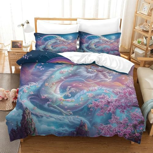GNMRTFEAE Dragon Bettbezug Set Bettwäschegarnitur Mädchen Junge Kinder Bettwäsche Und Kissenbezüge Reissverschluss Weich Microfaser 3 Teilig Single（140x200cm）