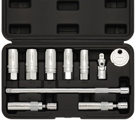 CASOMAN 10PCS 3/8 Drive Magnetic Spark Plug Socket Set, 6PT&12PT, Include Extension Bar, Unviersal Joint & Spark Plug Gapper, CR-V Steel