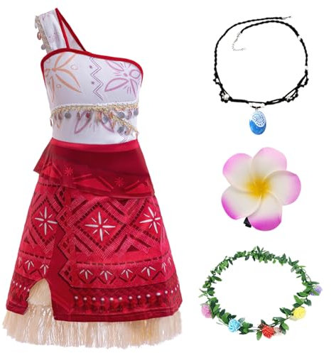KANDEMY Vaiana Kostüm für Kinder 4 Stück Moana Prinzessin Kostüme Mädchen Faschingskostüme mit Halskette Blumenkranz Haarclip