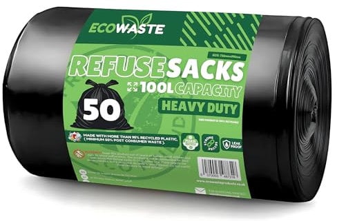 ECOWASTE™ 50 Everyday 100L Large Extra Heavy Duty Strong & Secure, Refuse Sacks, Bin Bags, Bin Liners, Flat Top, Recycled, Tear Resistant, 35 μm, Perfect for Everyday Use, Household, Kitchen
