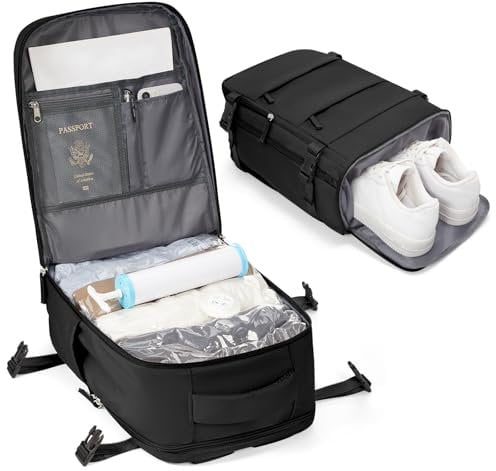 BJLFS Vakuum Rucksack Ryanair Handgepäck 40x20x25 Handgepäck Rucksack für Flugzeug Klein Reiserucksack Damen mit Schuhfach für Herren Wasserdicht Rucksacks mit Vakuumbeutel und Handpumpemit,Schwarz