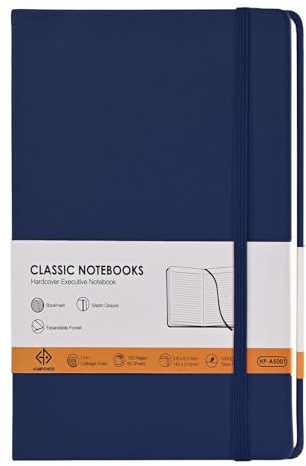 Hompower Lined Notebook Journals A5 Size 14 x 21cm, 160 Lined Pages with Expandable Pocket, 100GSM Paper, Hardcover Notepad(Marineblau – 1er-Pack)