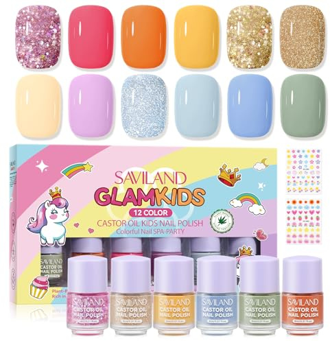 SAVILAND Kindernagellack Schnelltrocknend: 12 Farben Ungiftig Nagellack Set | Wasserbasis Peel-Off Kindernagellack Natürlich Rizinusöl Nail Polish Set mit Aufkleber Mädchen Geschenkset