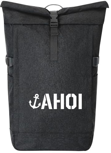 Huuraa Kurierrucksack Ahoi Anker Seemannsgruß 30-44 Liter Black Melange Fairtrade Rolltop Rucksack Geschenkidee