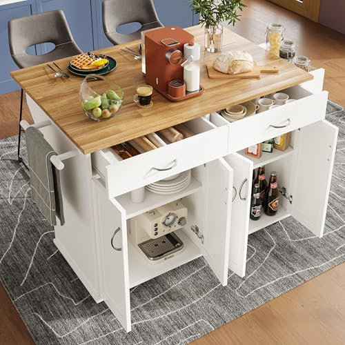 Miyemo Kitchen Island on Wheels, Rolling Kitchen Island Storage Trolley with Large Cabinet, Kitchen Furniture with 2 Drawers, Adjustable Shelf, Spice & Towel Rack, Dining Room Organiser, White