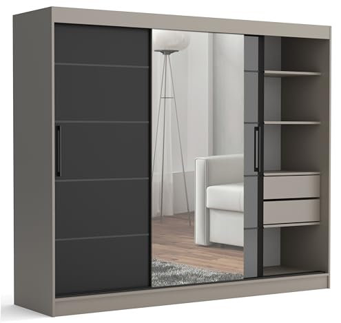 Brent - Kleiderschrank mit Spiegel und Schubladen 235cm Breit Chelsea Tomy, Schwebetürenschrank mit Spiegel, Schlafzimmerschrank, Kleiderschrank Stein/Schwarz Hochglanz
