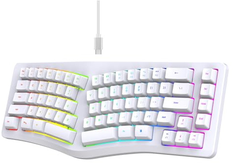 Cuifati 69 Clavier Ergonomique Filaire clé, Clavier de Jeu rétro-éclairé RVB avec 18 Modes, D'Ordinateur Câblé Détachable USB C pour Ordinateur de Bureau et Ordinateur Portable (White)