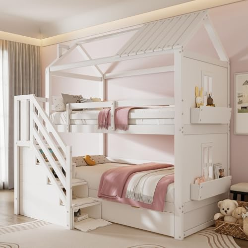 Merax Kinderbett Etagenbett 90x200 cm Hochbett Hausbett für 2 Kinder, mit Treppe Staufach Stauraum&Schublade&Ablageflächen&Lattenrost&Rausfallschutz, Ohne Matratze, Weiß/205x143x235cm