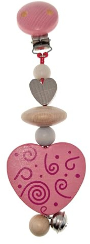 Rudolphs Schatzkiste Wagenhänger mit rosa Herz, Naturperlen und Glöckchen BxHxT 7x4x20cm NEU Babywagenanhänger Herzclip Kinderwagenkette Holzspielzeug Babyaccessoire