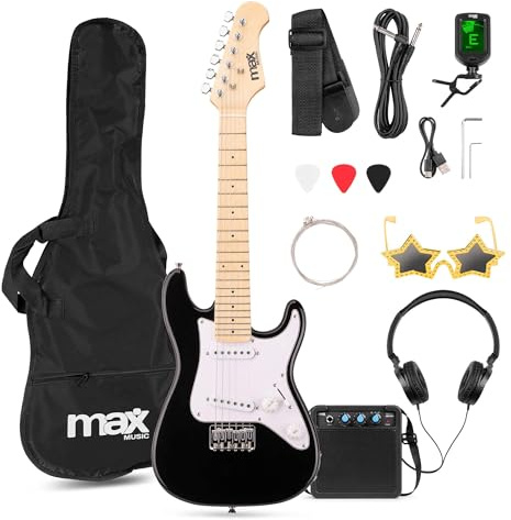 Max GigKit Junior 1/4 - Kinder E Gitarre Set, E Guitar, Elektrogitarre mit Verstärker 10 Watt, Tasche, Plektrum, Kopfhörer, Gurt, Stimmgerät, Kabel, Saiten, Electric Guitar, E Gitarren Set - Schwarz