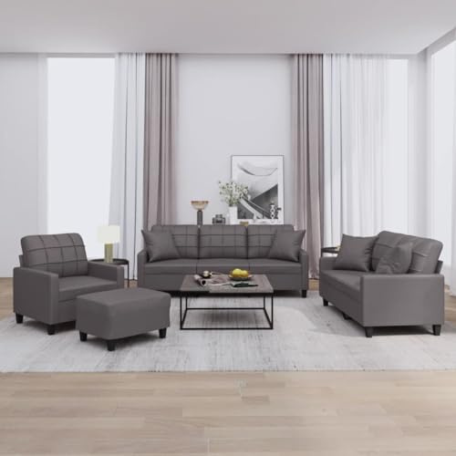 Refined 4-TLG. Sofagarnitur mit Kissen Grau Kunstleder