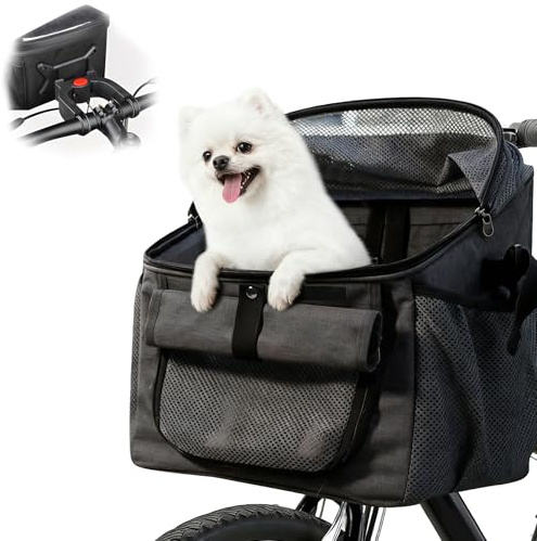 Cesta delantera para bicicleta para perros, 4 en 1, hasta 6 kg, bolsa de bicicleta plegable para mascotas, con ventanas de malla y cinturón de seguridad, bolsa de viaje para perros y gatos de